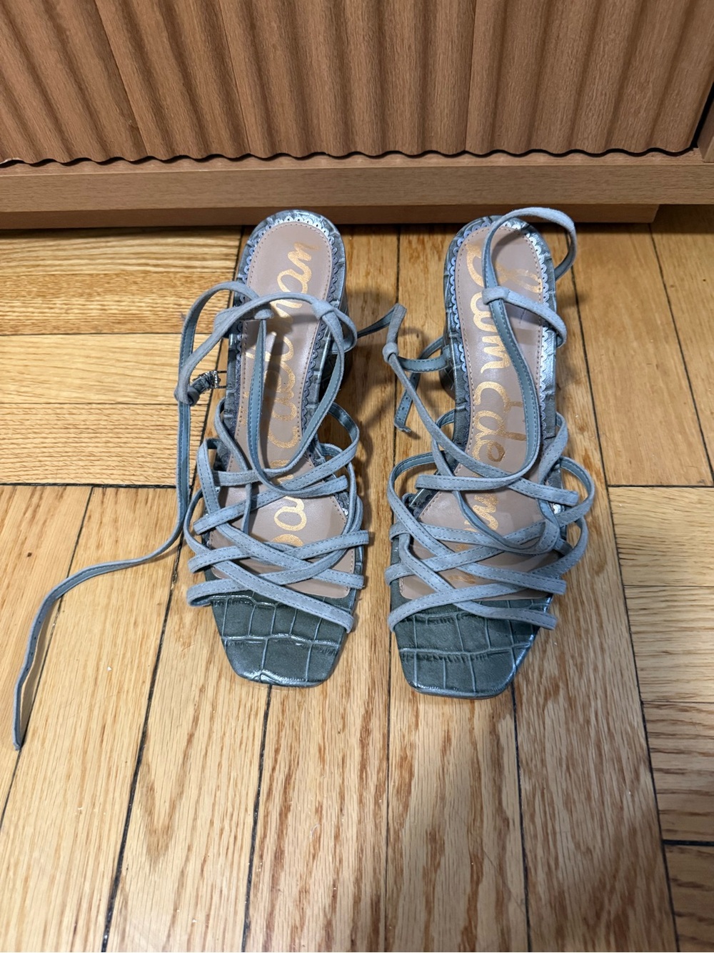 Sam Edelman Sage Green Croc-Embossed Lace-Up Heels